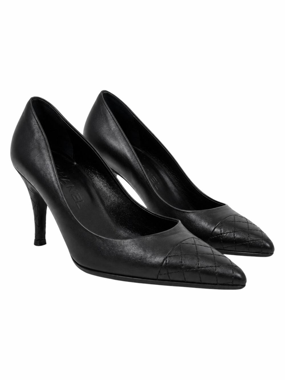 Chanel Pointed Toe Quilted Lamb Leather CC Logo Heel Pump Black Size 36.5